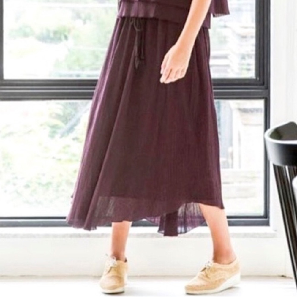 LILLA P MIDI Crinkle Skirt Plum Purple Large Lined Drawstring Waist 100% Cotton